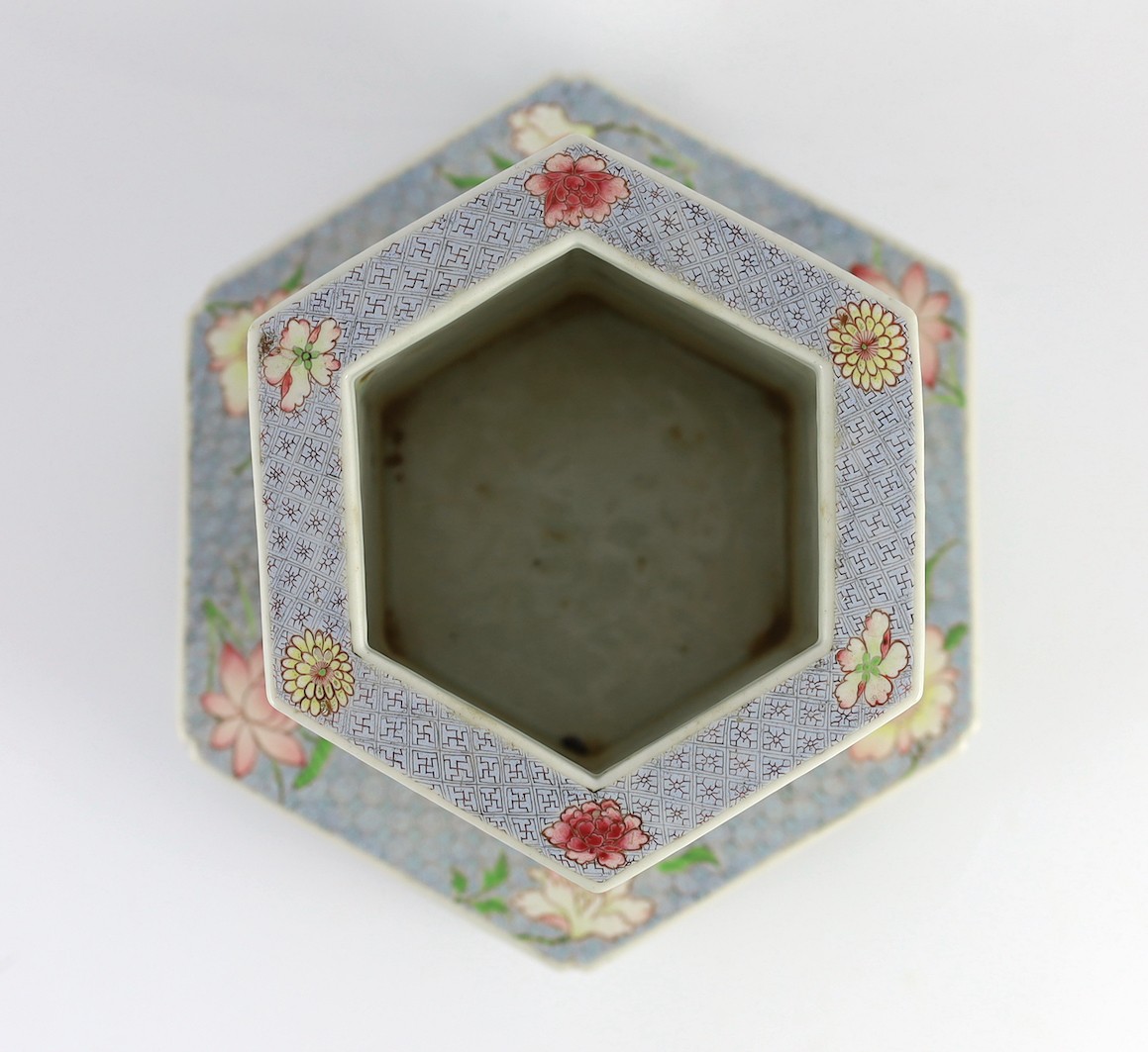 A Chinese enamelled porcelain hexagonal jardiniere, Qianlong period (1736-95), 17.5cm high, 23.5cm wide